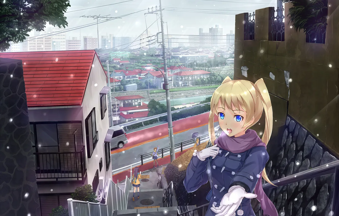 Photo wallpaper snow, the city, girls, anime