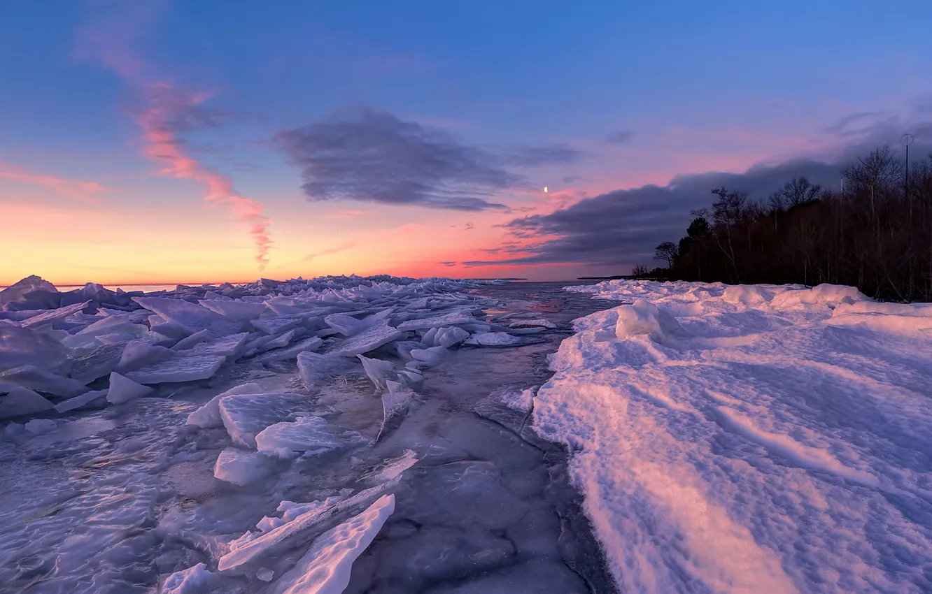 Photo wallpaper landscape, sunset, river, ice