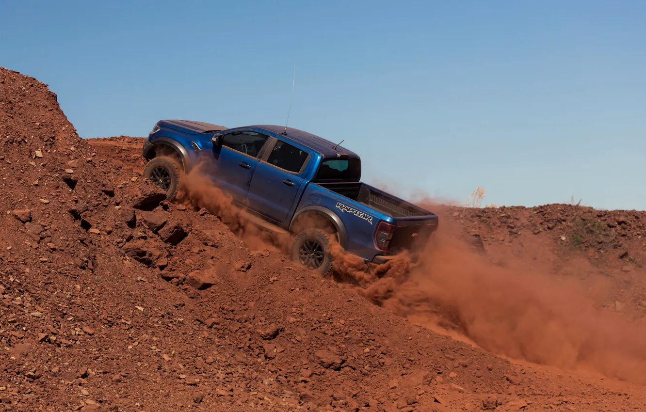Photo wallpaper blue, Ford, dust, Raptor, pickup, the rise, 2018, Ranger