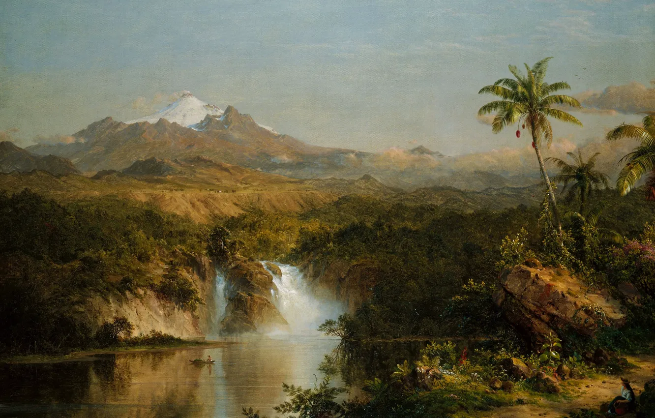 Photo wallpaper landscape, mountain, picture, the volcano, Frederic Edwin Church, A View Of Cotopaxi
