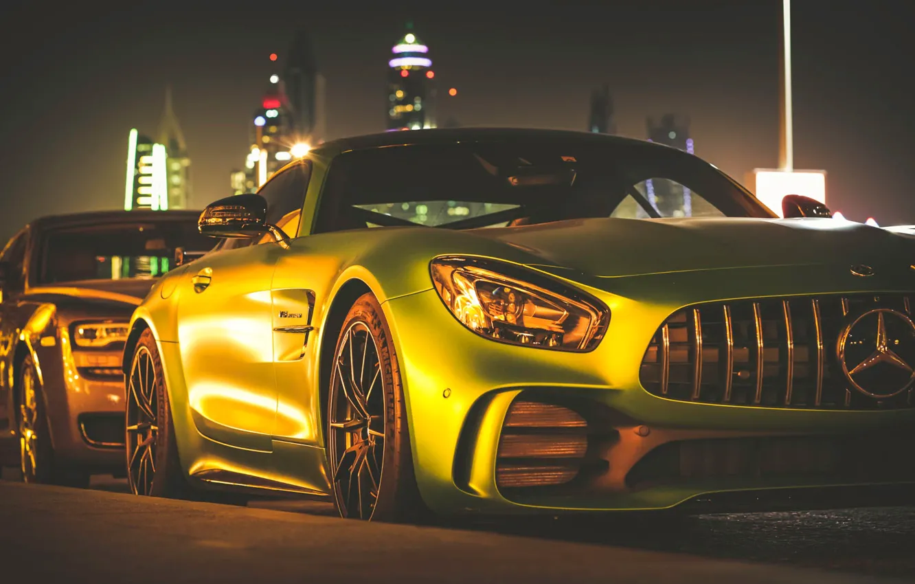 Photo wallpaper night, Mercedes-Benz, lighting, Green Monster