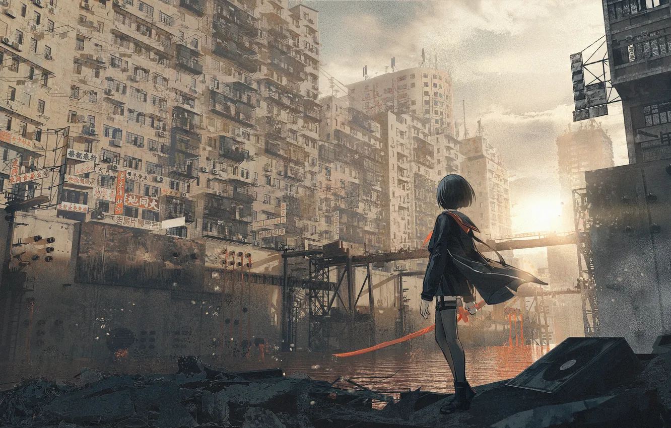 Photo wallpaper city, anime, fan art, ANIME STYLE, Anime Art, homutan1, armed girl