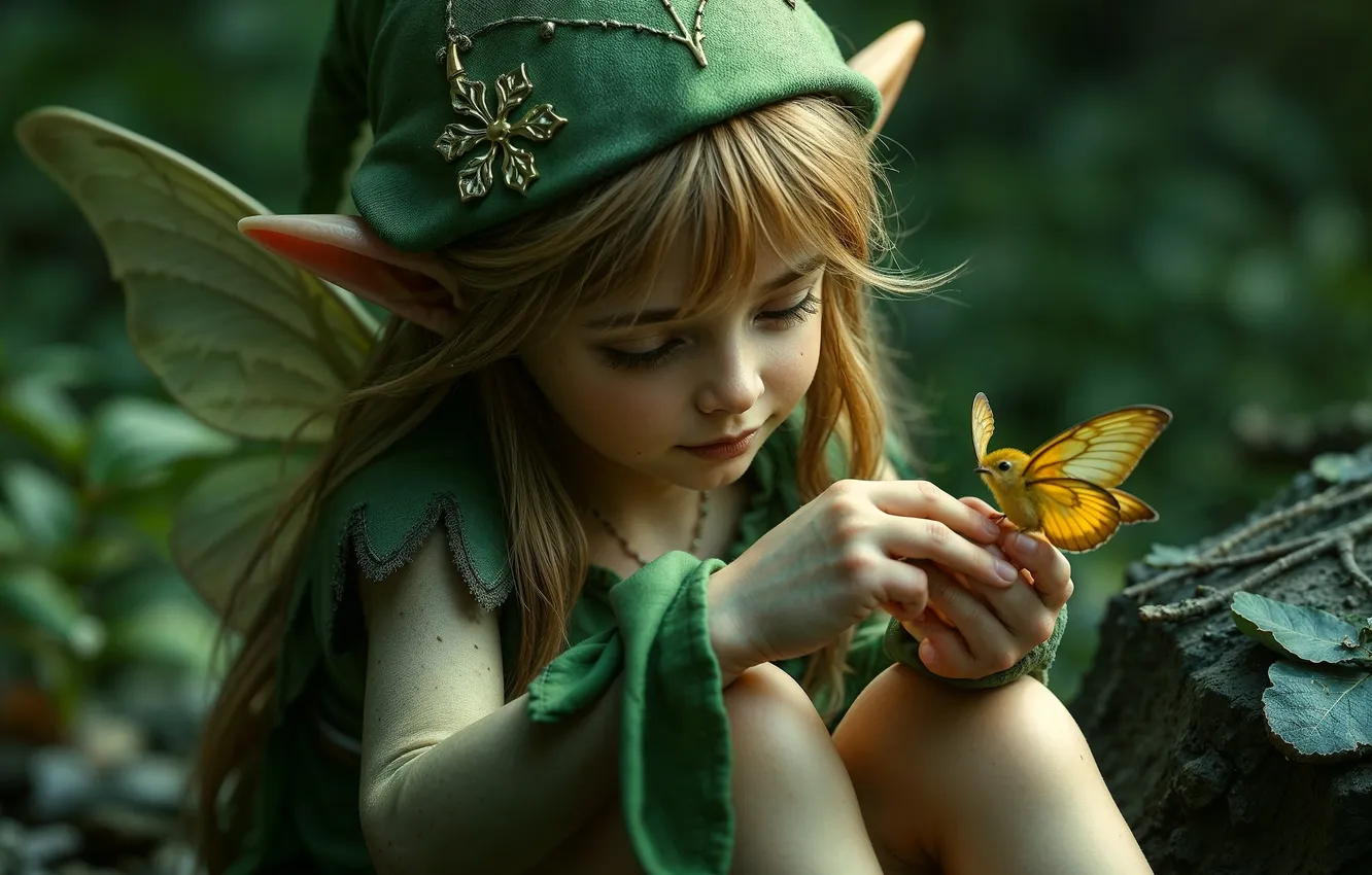 Photo wallpaper butterfly, fantasy, girl, elf, bird, wings, ears, cap