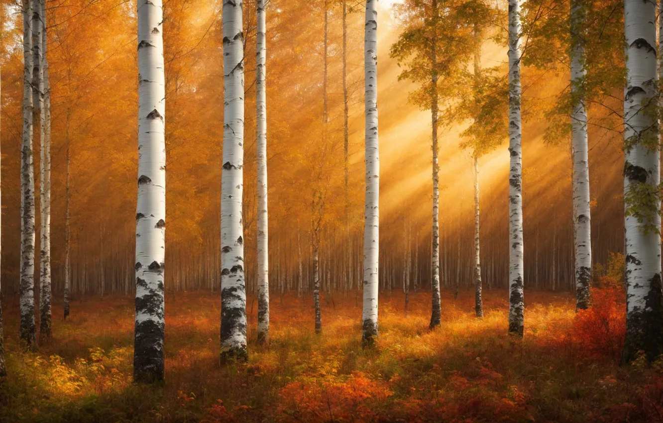 Photo wallpaper autumn, forest, the sun, rays, light, trees, branches, nature