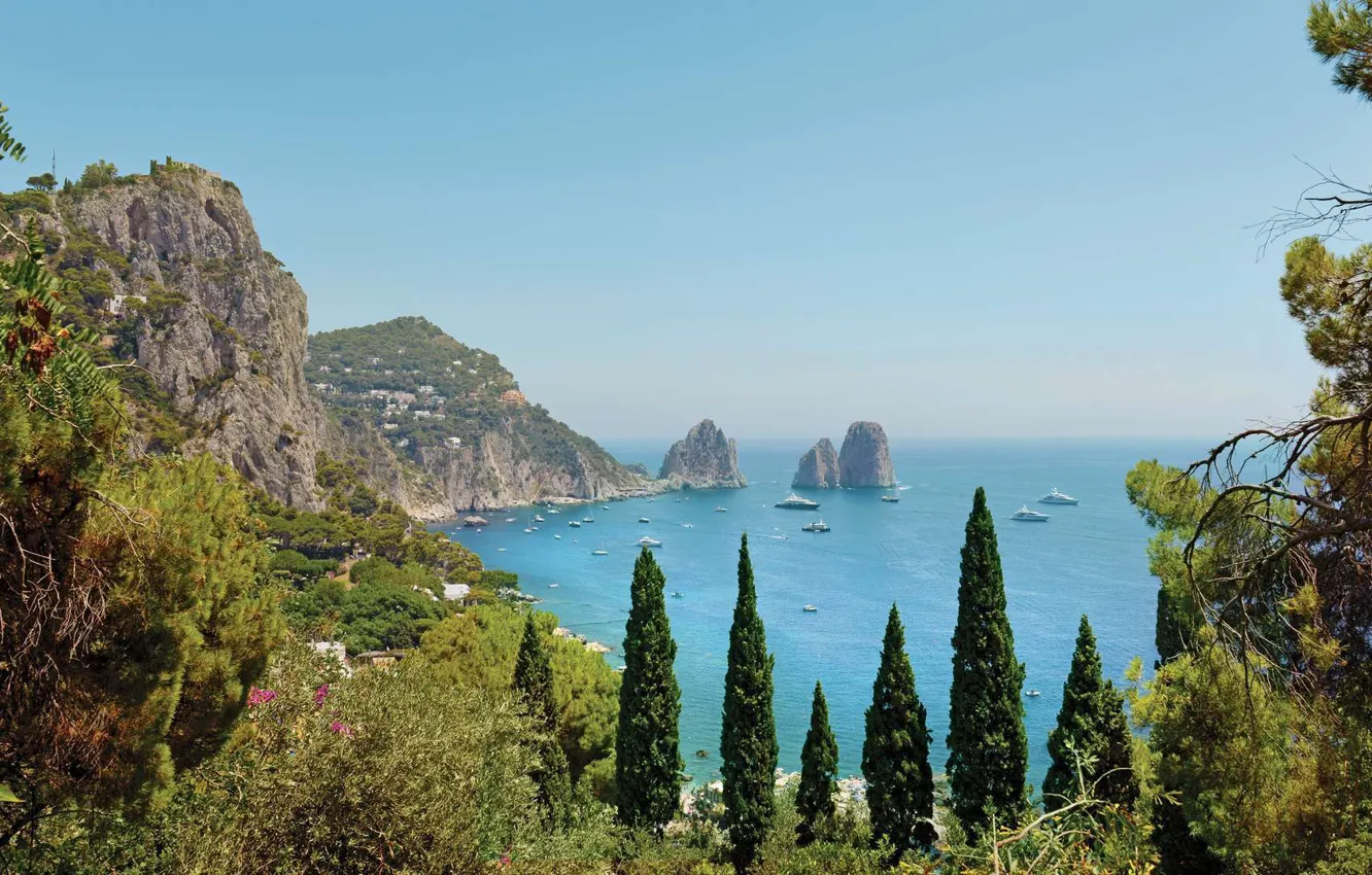 Photo wallpaper trees, mountains, lake, yacht, Italy, Capri, Marina Piccola