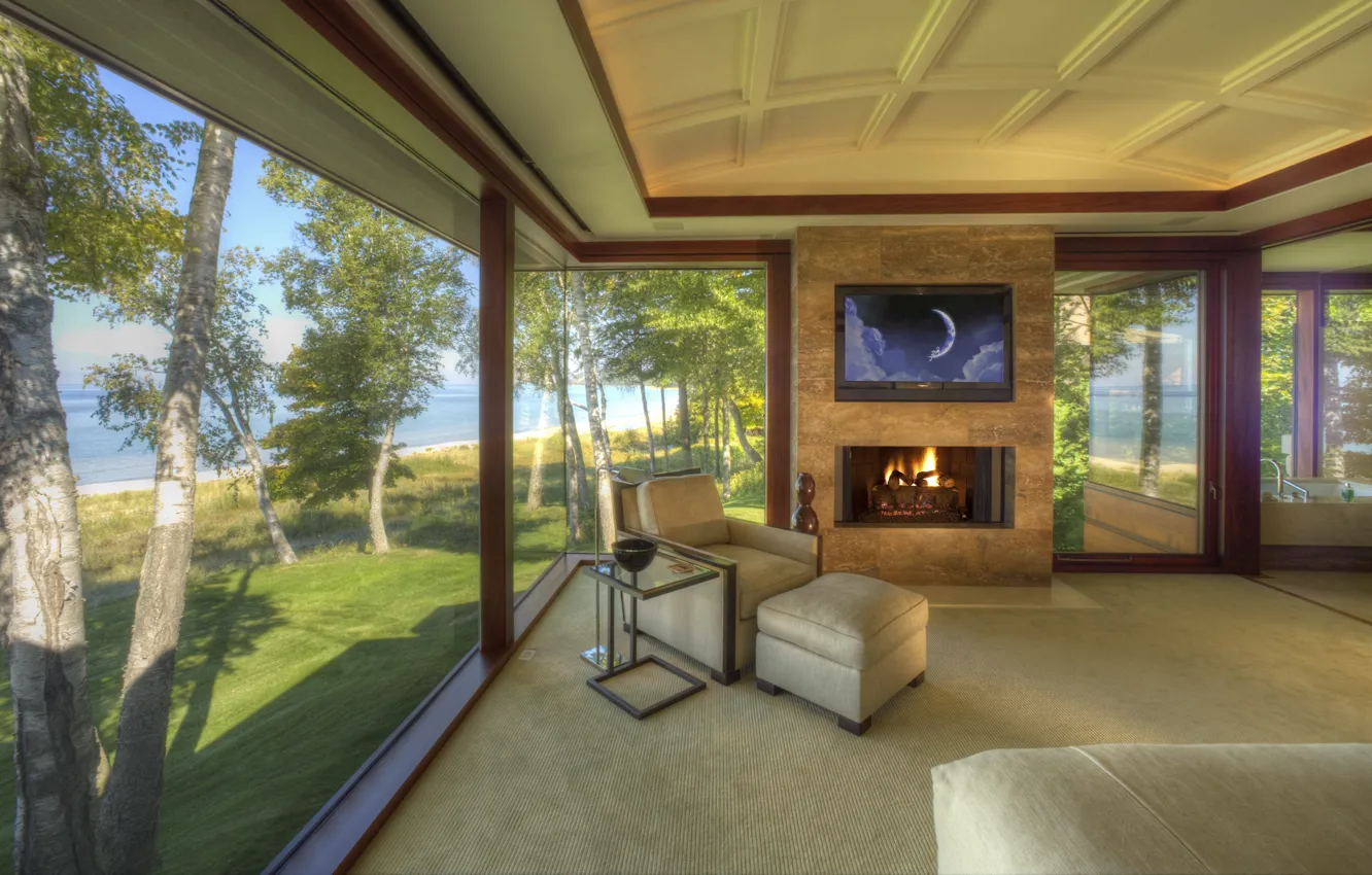 Photo wallpaper on the shores of lake, interior, living room, Lake Michigan House, overlooking Good Harbor Bay, …