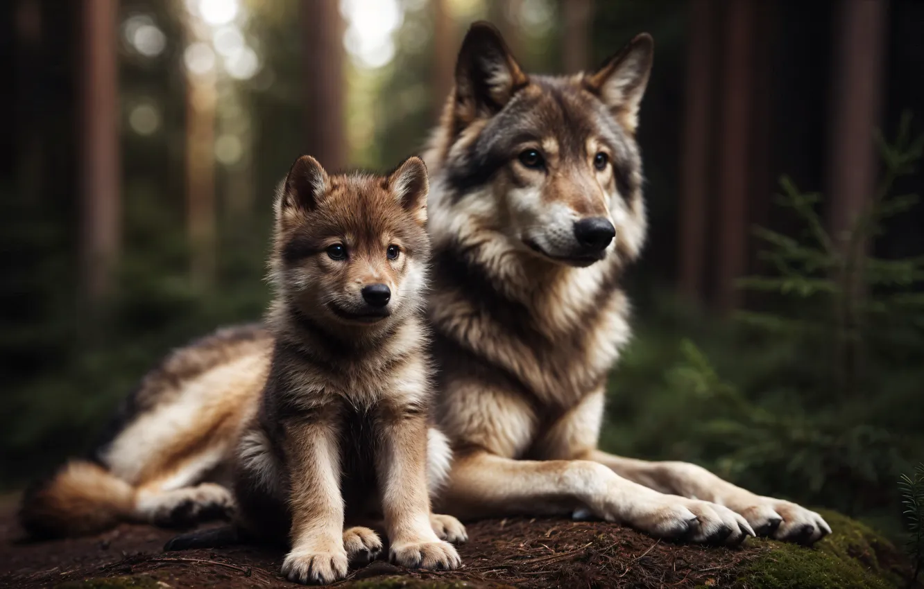 Photo wallpaper forest, look, wolf, paws, baby, lies, wolf, bokeh