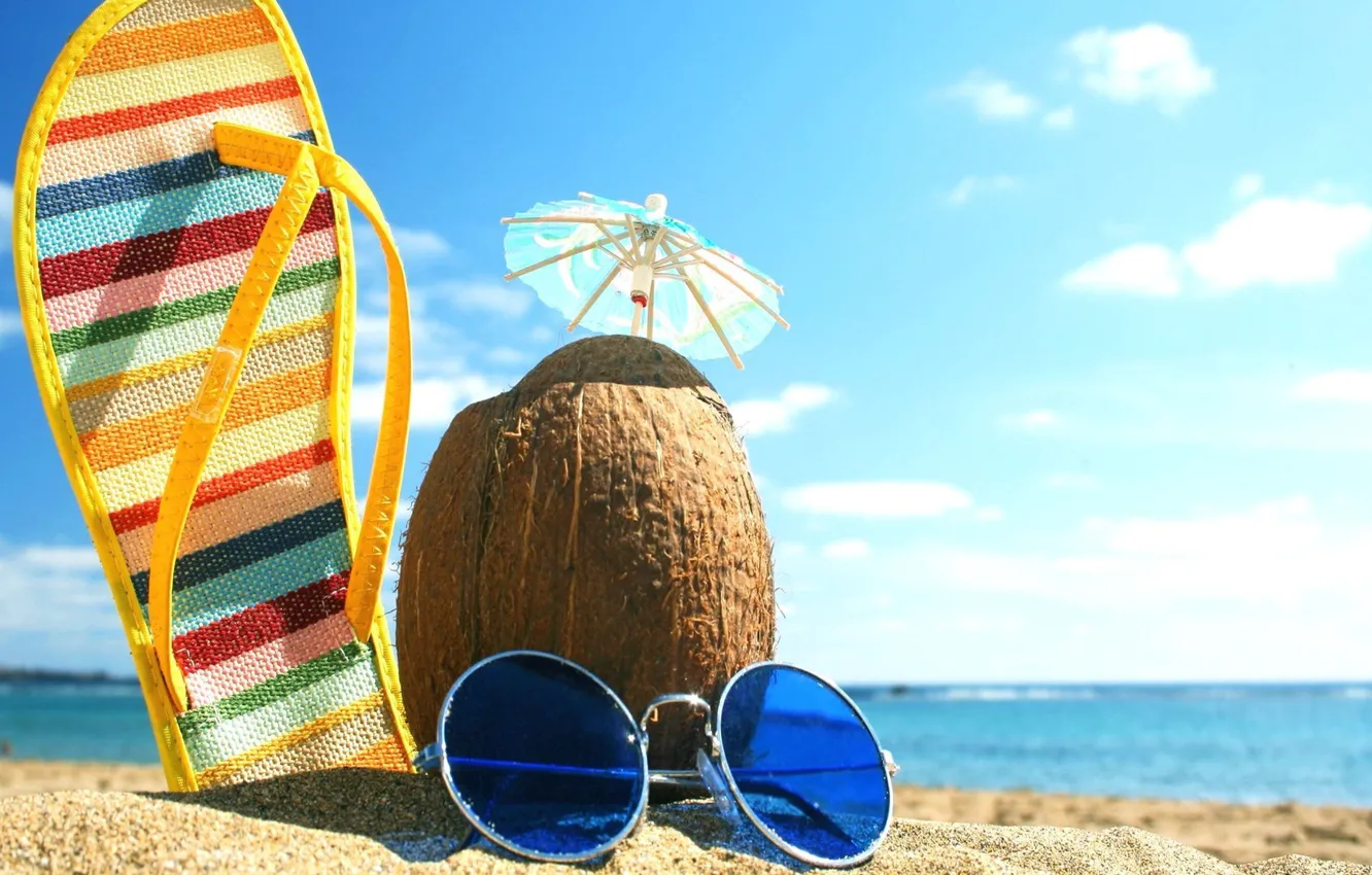 Photo wallpaper sea, summer, umbrella, coconut, glasses