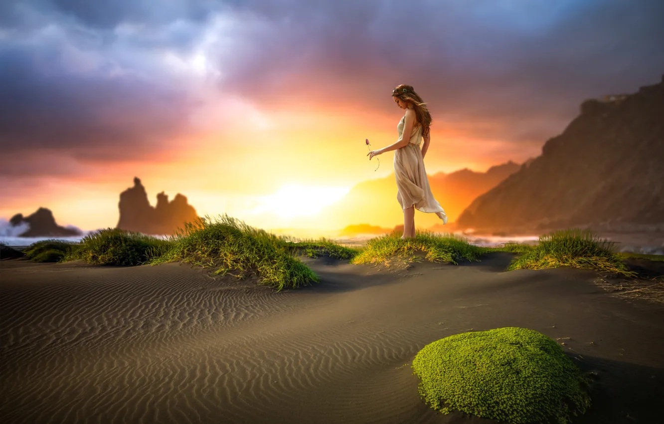 Photo wallpaper sand, grass, girl, flowers, mountains, nature, pose, rocks