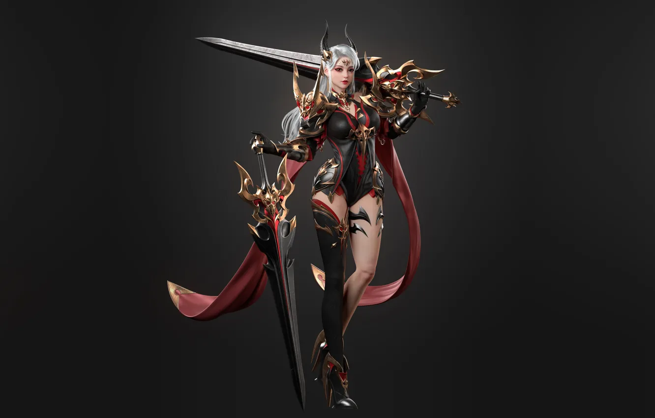 Photo wallpaper girl, pose, weapons, sword, warrior, art