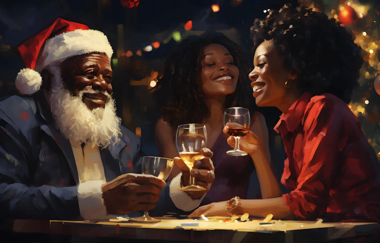 Photo wallpaper Girls, Glasses, Smile, Table, Christmas, New year, Beard, Male