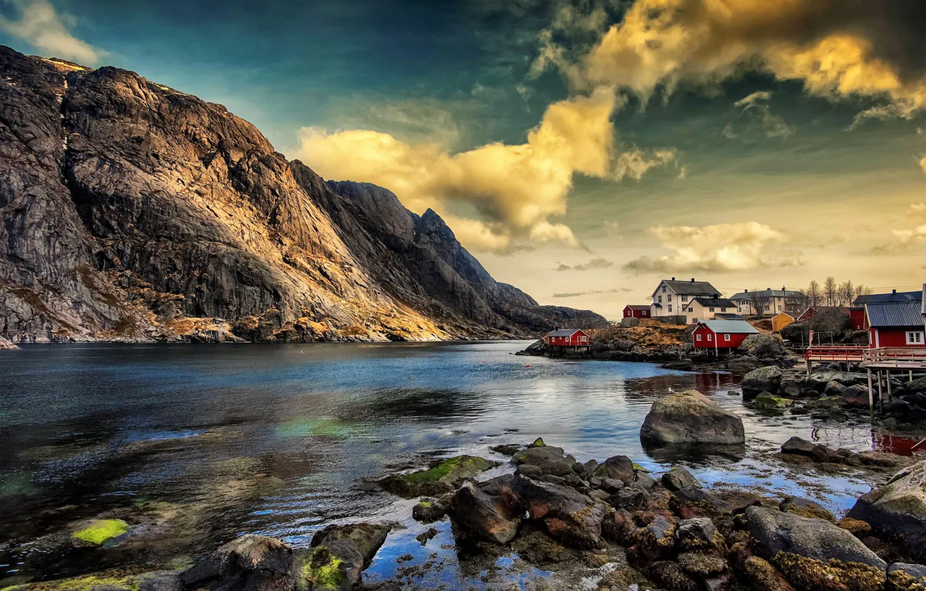 Photo wallpaper mountains, home, Norway, Nusfjord in the Lofoten Islands, Nusfjord, Fishing Village