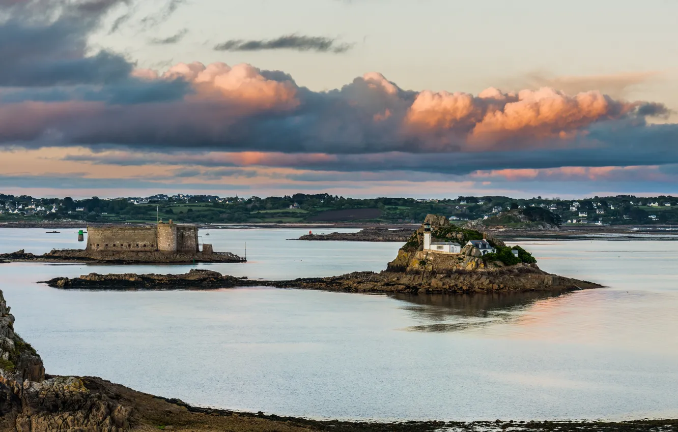 Photo wallpaper sea, the sky, clouds, castle, shore, lighthouse, island, pond