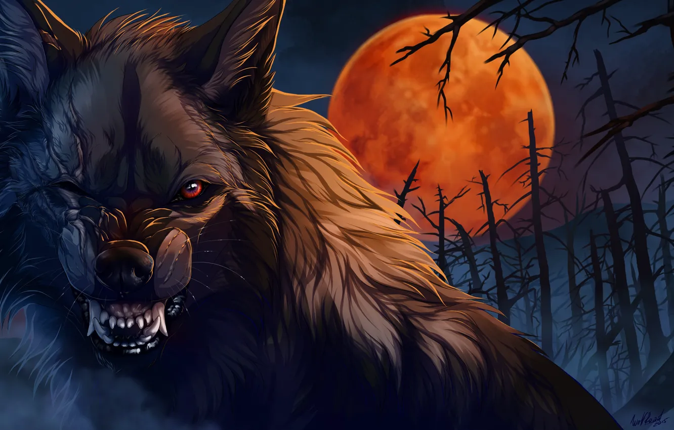 Photo wallpaper night, wolf, wool, mouth, fangs, werewolf, art, scars