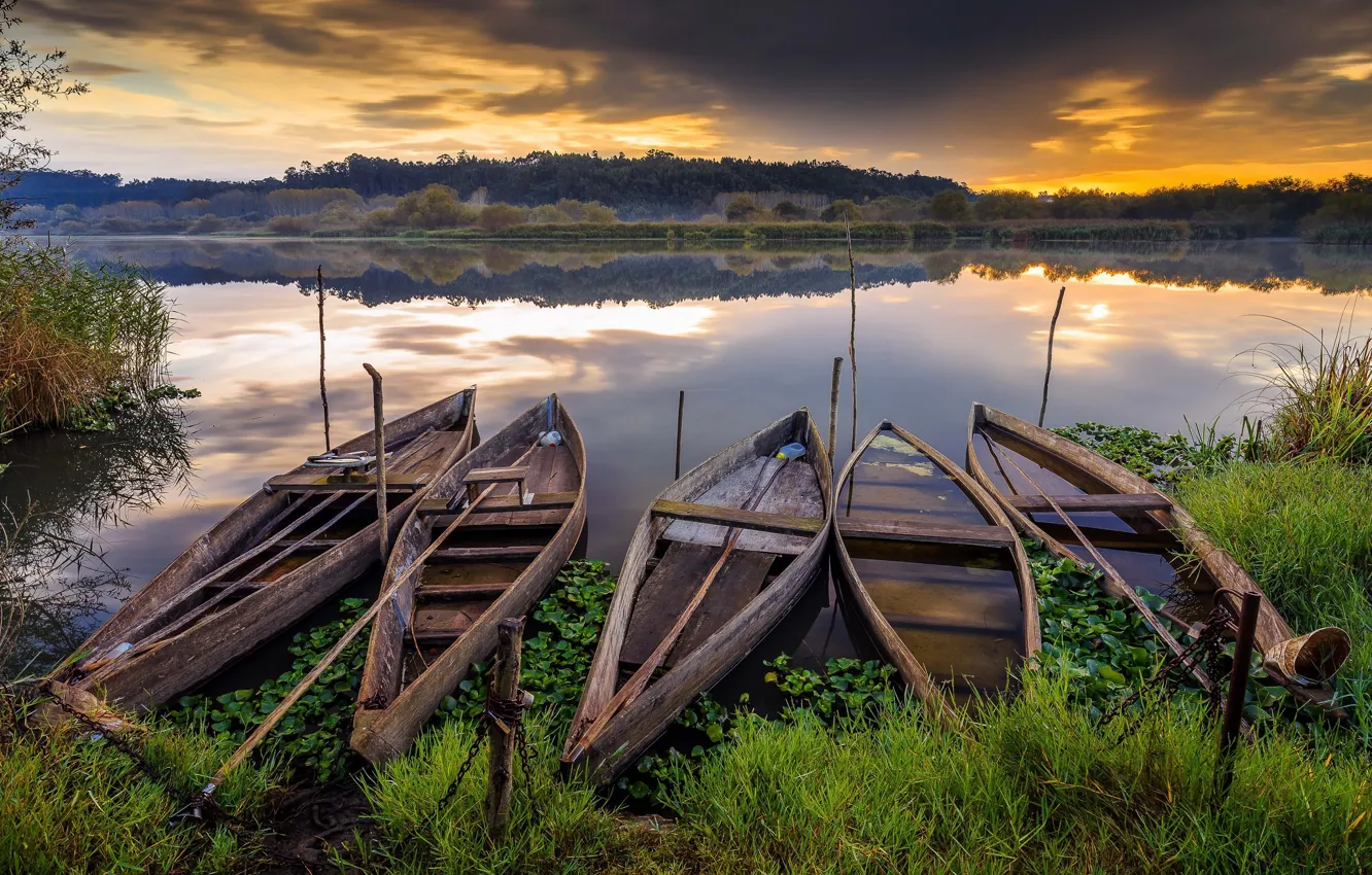 Photo wallpaper lake, calm, boats