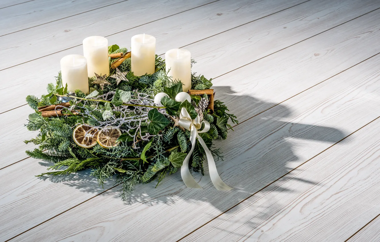 Photo wallpaper decoration, gift, tree, new year, candles, Christmas, Christmas, wreath