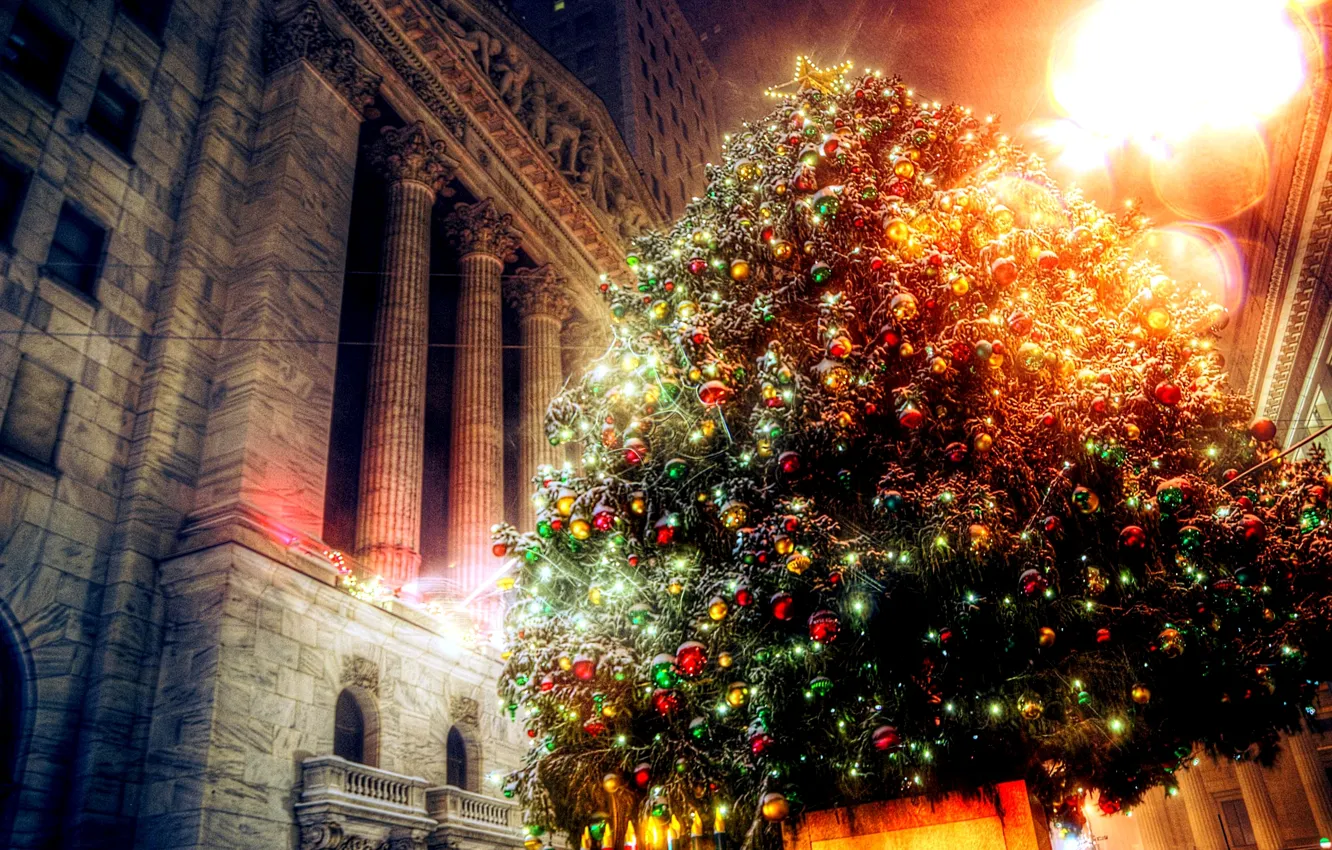 Photo wallpaper decoration, lights, holiday, the building, tree, new year, Christmas, light