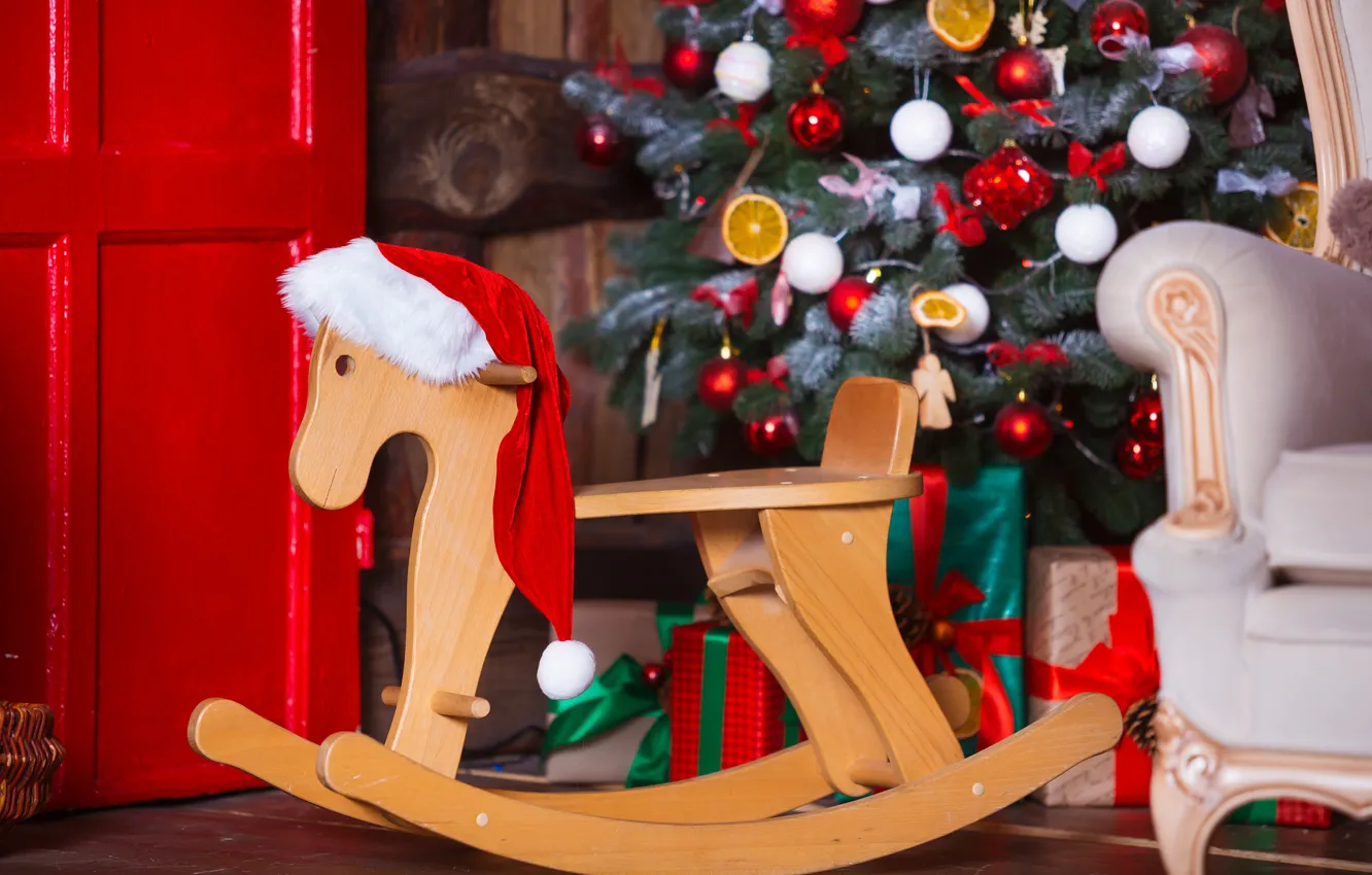 Photo wallpaper decoration, room, gift, balls, toy, tree, new year, Christmas