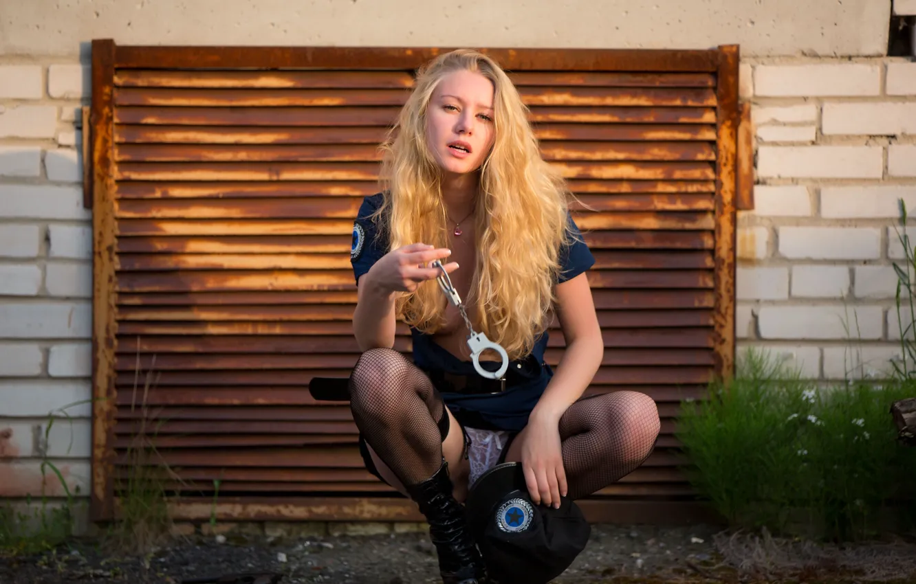 Photo wallpaper long hair, women, blonde, White Panties, open mouth, Black Stockings, squatting, handcuffs