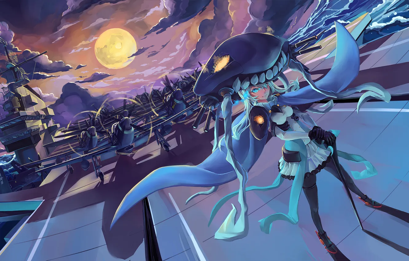 Photo wallpaper the sky, girl, clouds, the moon, anime, art, the plane, kantai collection
