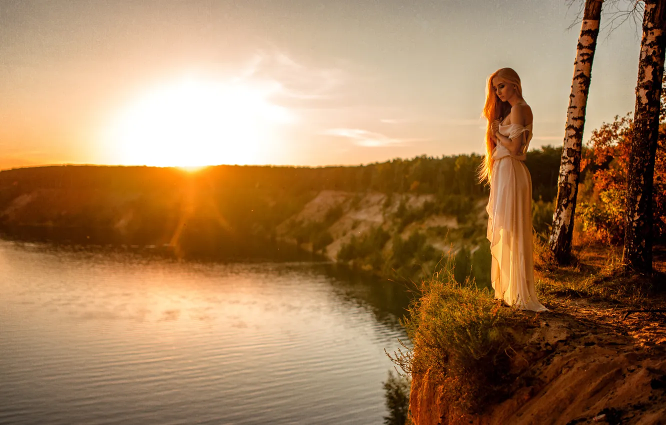 Photo wallpaper girl, the sun, sunset, lake, dress, beautiful, birch, Elena Davydova