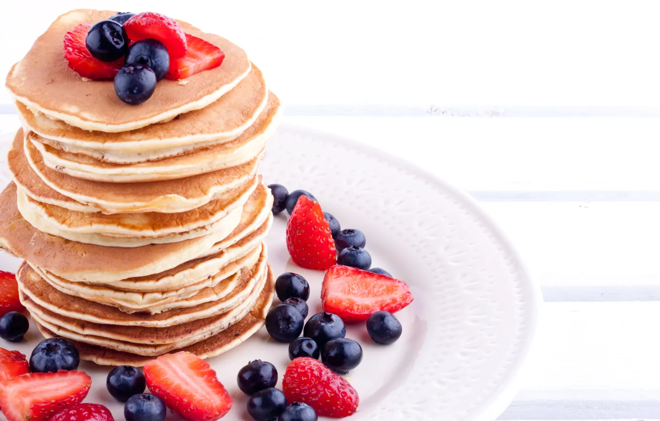 Photo wallpaper blueberries, strawberry, plate, pancakes, pancakes