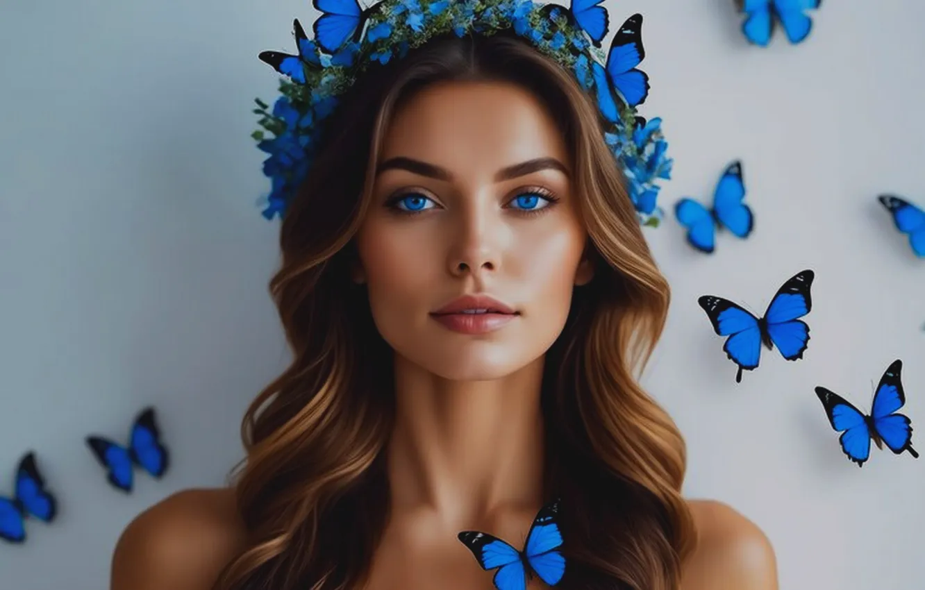 Photo wallpaper girl, butterfly, blue eyes, digital art, generated by AI