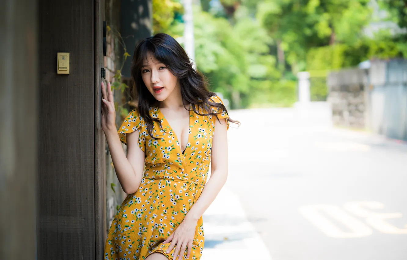 Photo wallpaper girl, sexy, dress, Asian, bokeh
