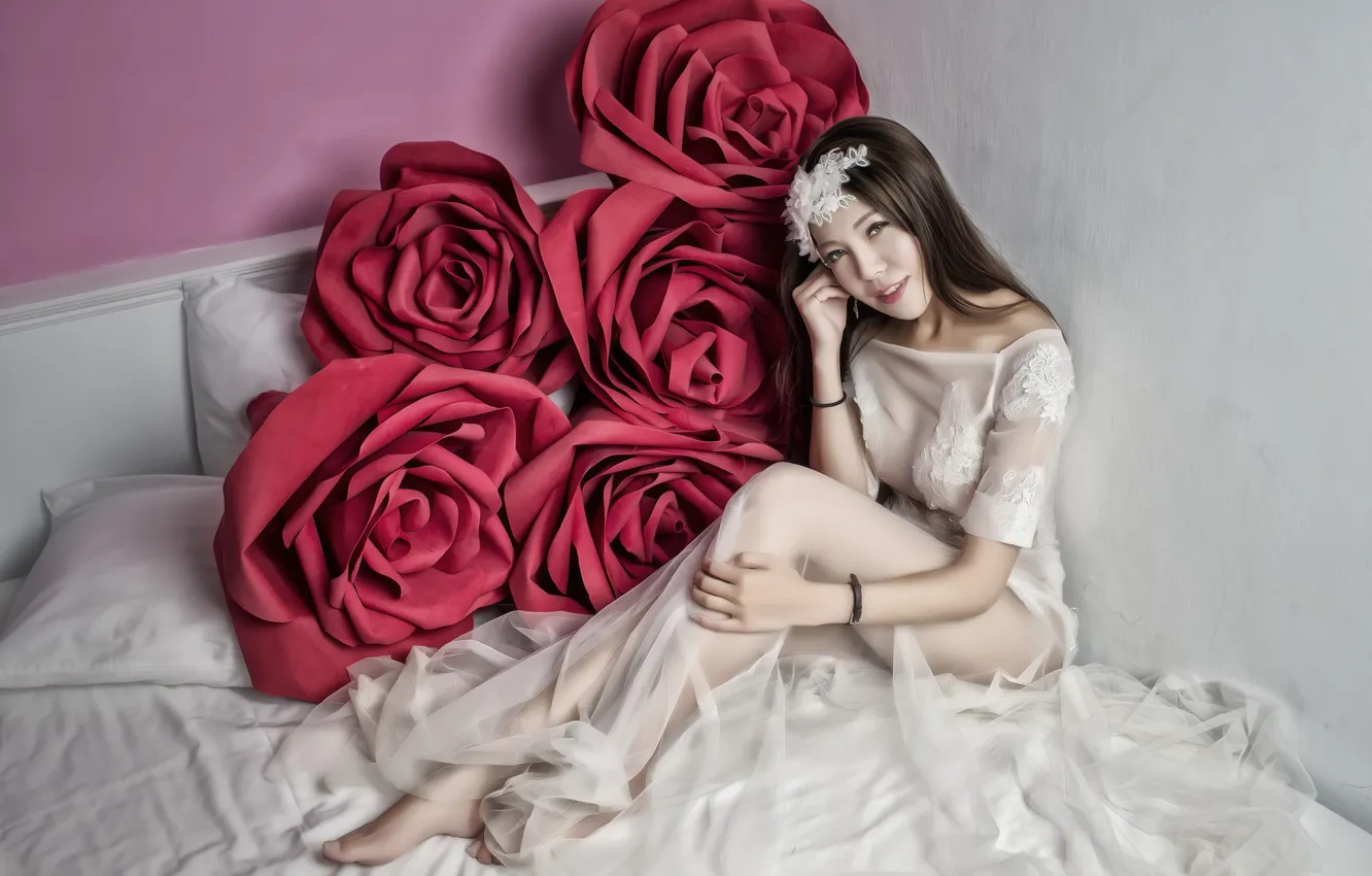 Photo wallpaper girl, flowers, mood, model, bed, roses, dress, Asian