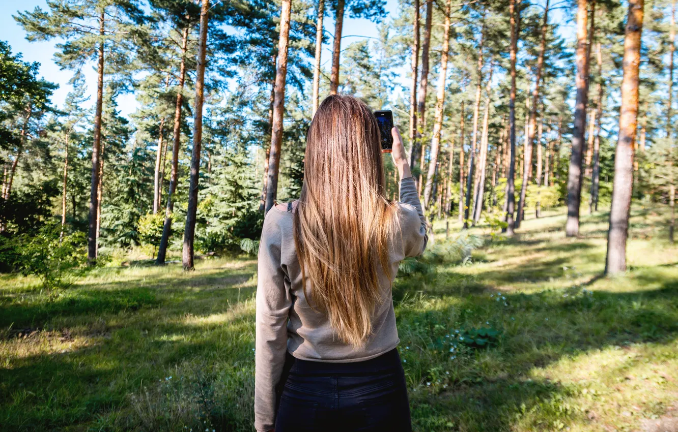 Photo wallpaper girl, trees, nature, hair, back, smartphone