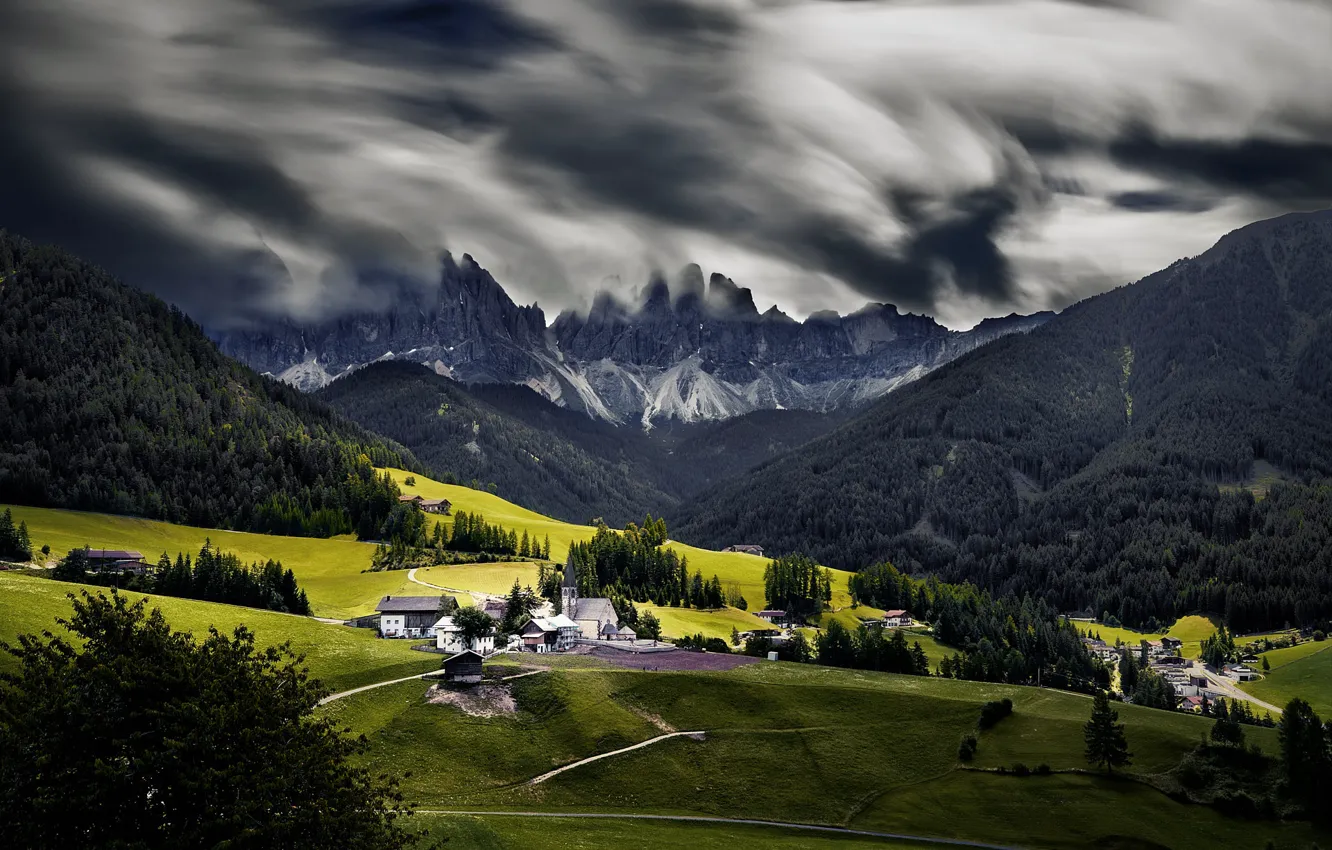 Photo wallpaper mountains, nature, houses, Dolomites Italie