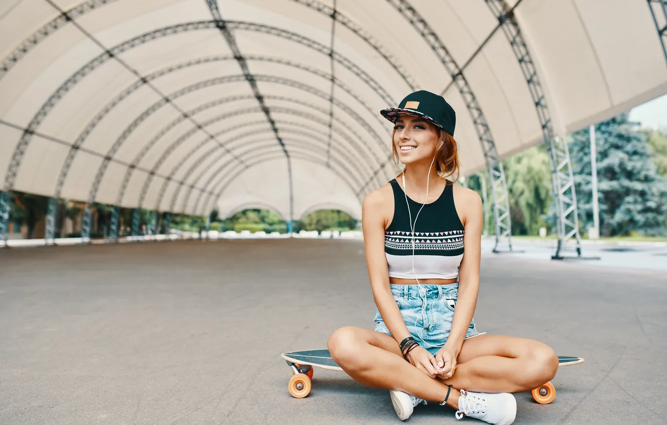 Photo wallpaper girl, sexy, shorts, beautiful, Denim, cute, skateboard, sneakers