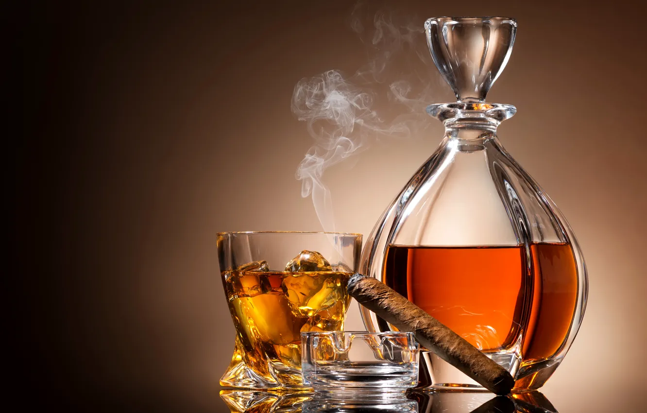 Photo wallpaper glass, background, wine, smoke, ice, cigar, ashtray, decanter