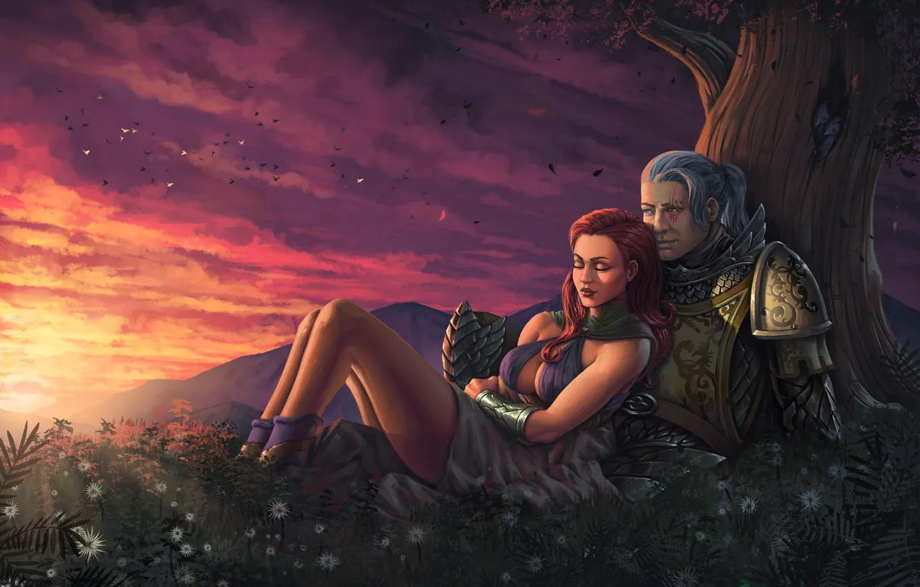 Photo wallpaper chest, girl, trees, sunset, armor, male, red, Guild Wars 2