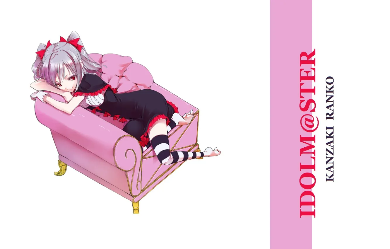 Photo wallpaper Ruski, white background, bows, grey hair, striped stockings, sitting in the chair, Idolm@ster, idolmaster cinderella …