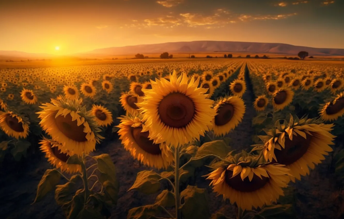 Photo wallpaper field, sunflowers, flowers, AI art, neural network