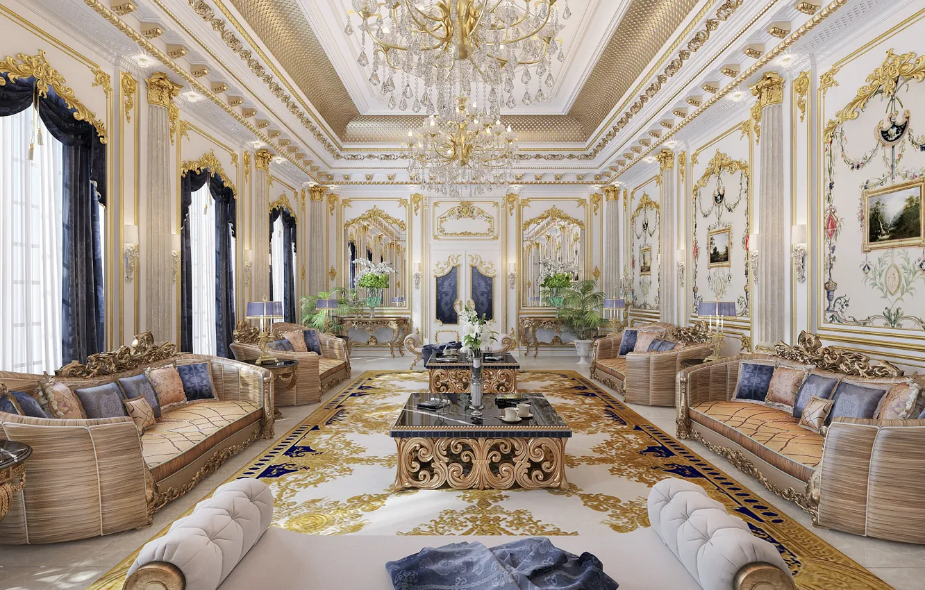 Photo wallpaper flowers, gold, interior, luxury, sofas, living room, chandeliers