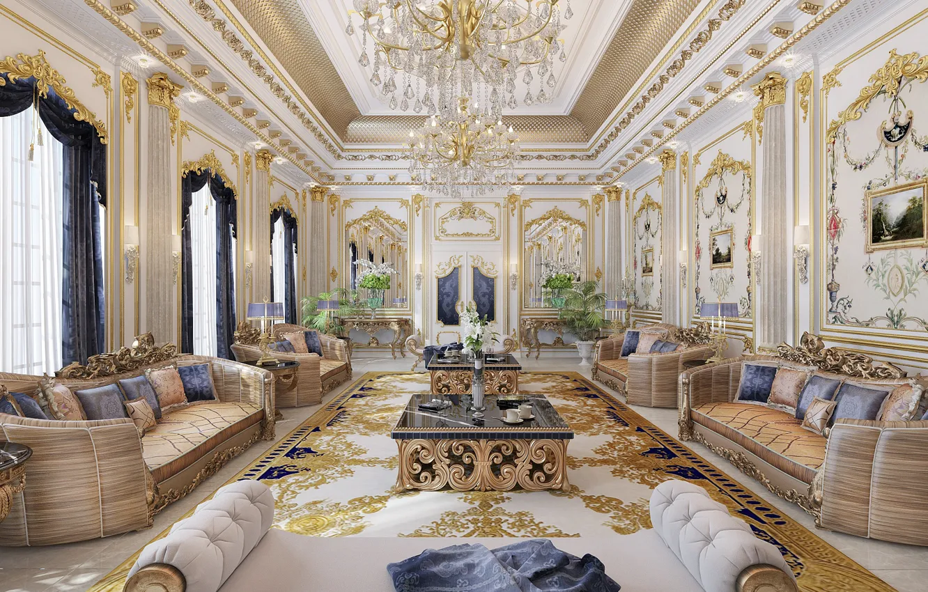 Photo wallpaper flowers, sofa, gold, interior, chandelier, luxury, living room