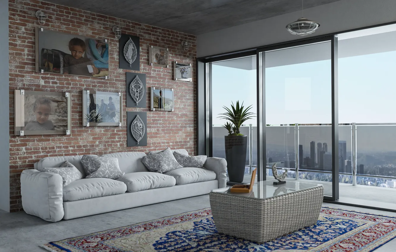 Photo wallpaper room, sofa, carpet, interior, picture, pillow, window, table