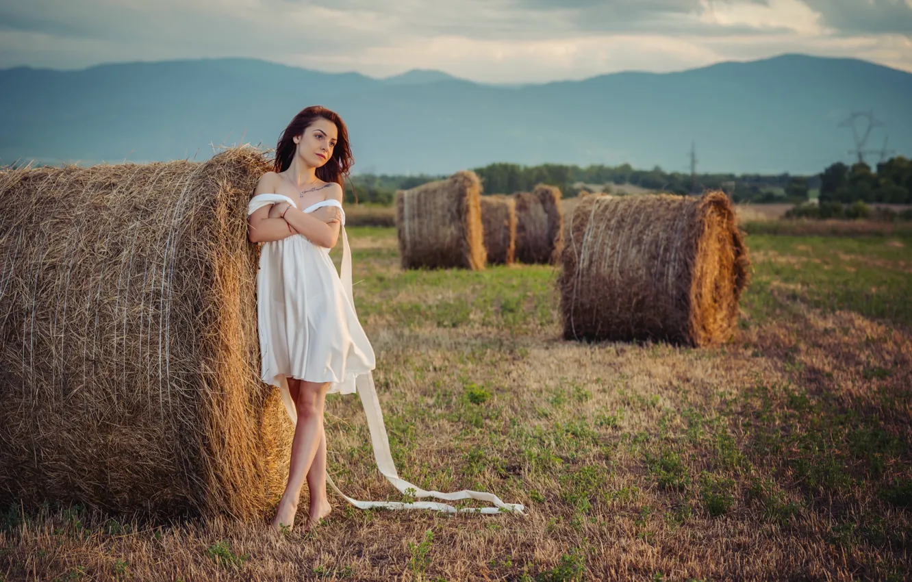 Wallpaper field, girl, nature, dress, brunette, hay, straw, Ivan