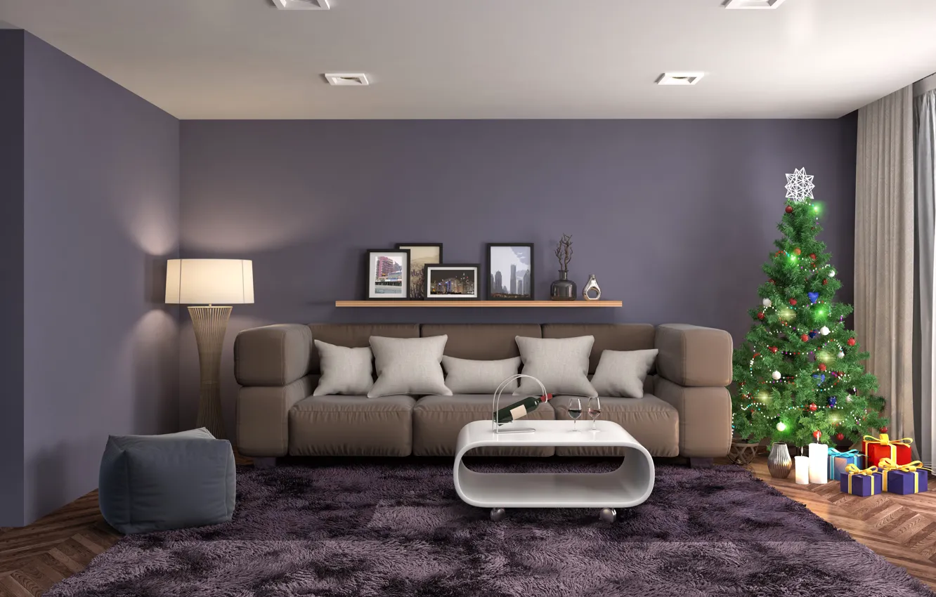 Photo wallpaper rendering, room, sofa, holiday, wine, balls, toys, bottle