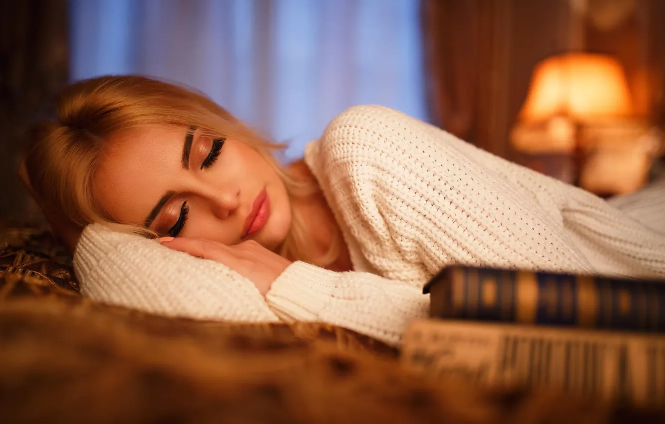 Photo wallpaper face, sleep, makeup, book, sweater, closed eyes, sleeping girl, Marko Smiljanic