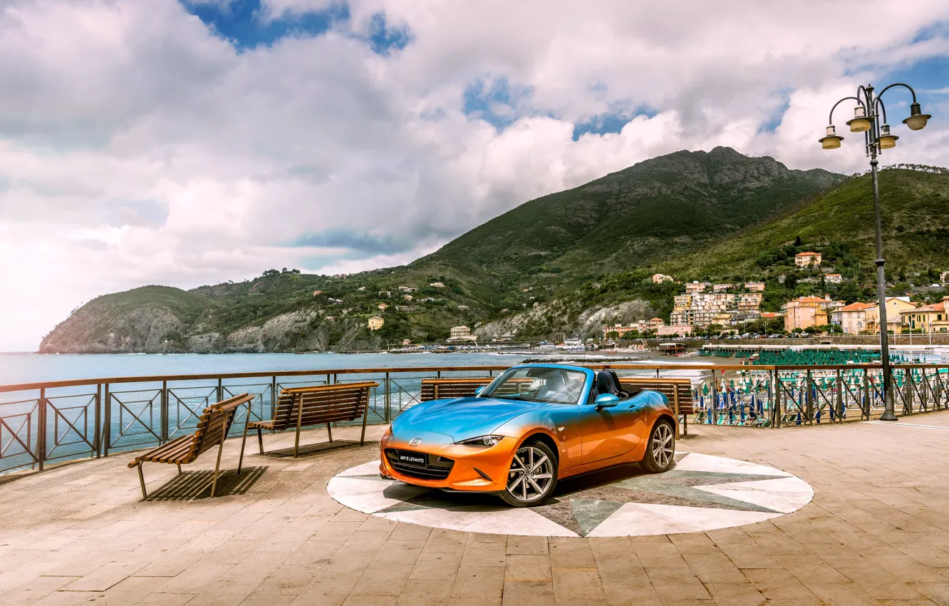 Photo wallpaper auto, mountains, bench, the ocean, Mazda, Italy, Mazda, Italia