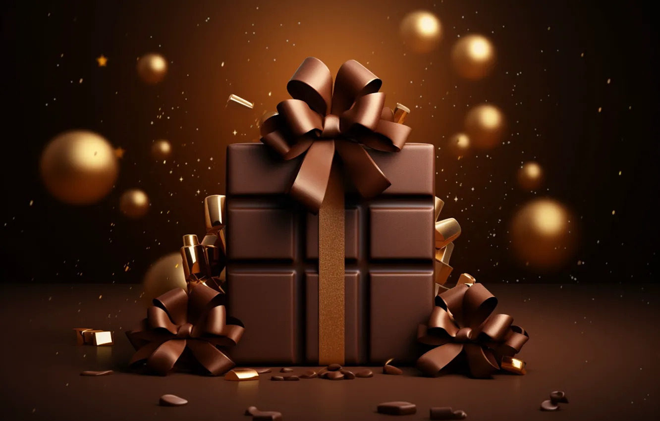 Photo wallpaper balls, the dark background, gift, new year, chocolate, Christmas, gold, gold plated