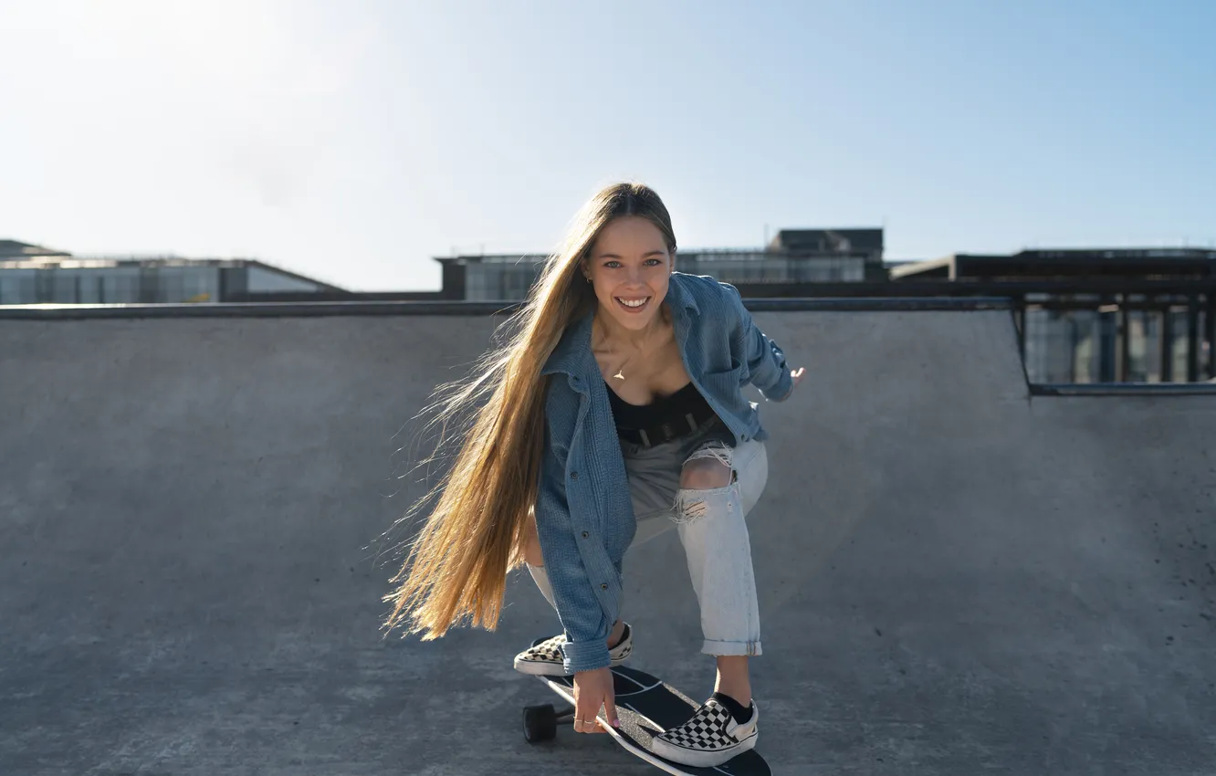 Photo wallpaper girl, smiley, skateboard, outdoors, full-shot