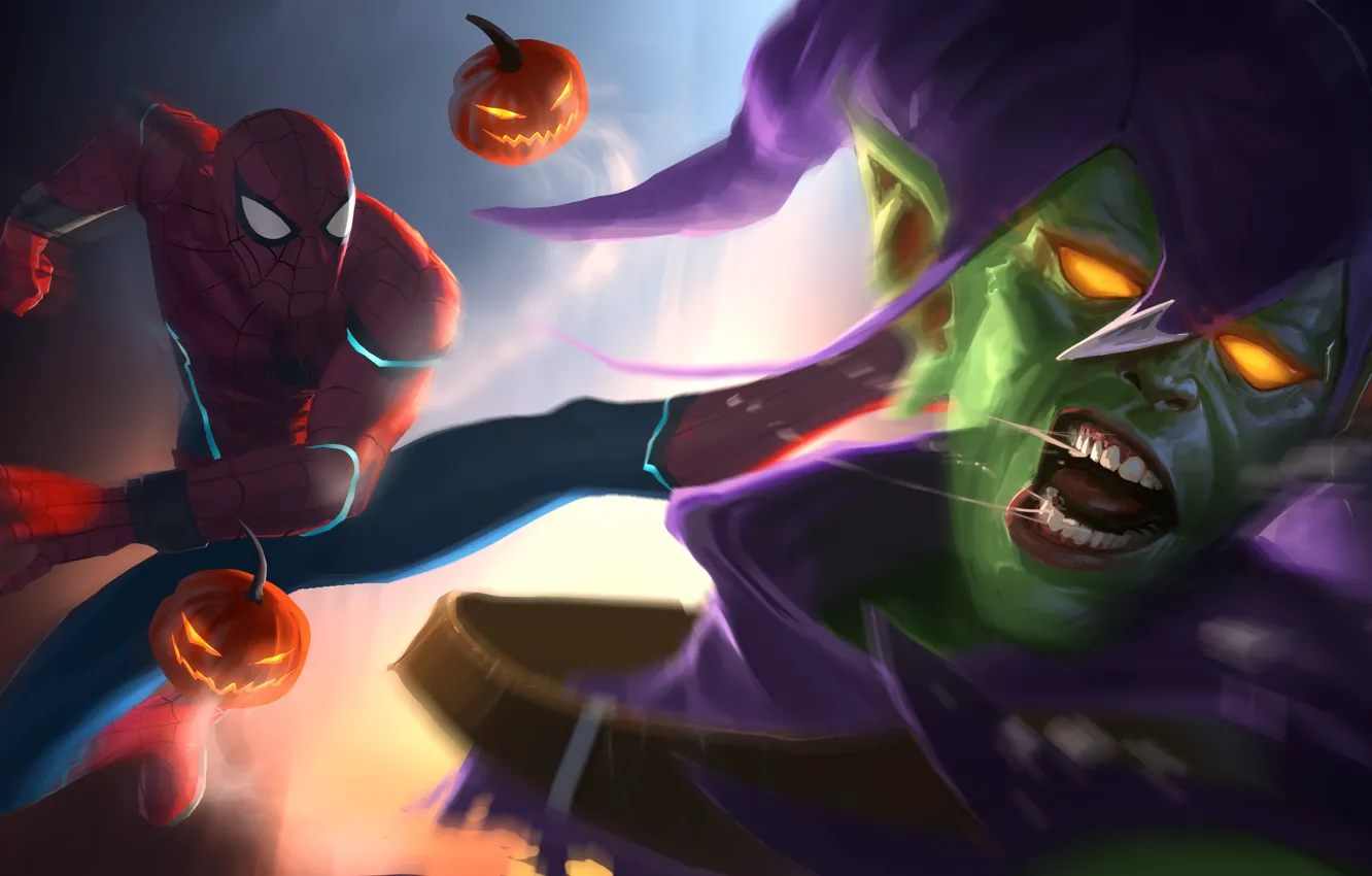 Photo wallpaper art, Marvel, fight, Comics, Peter Parker, Spider Man, Green Goblin, Norman Osborn