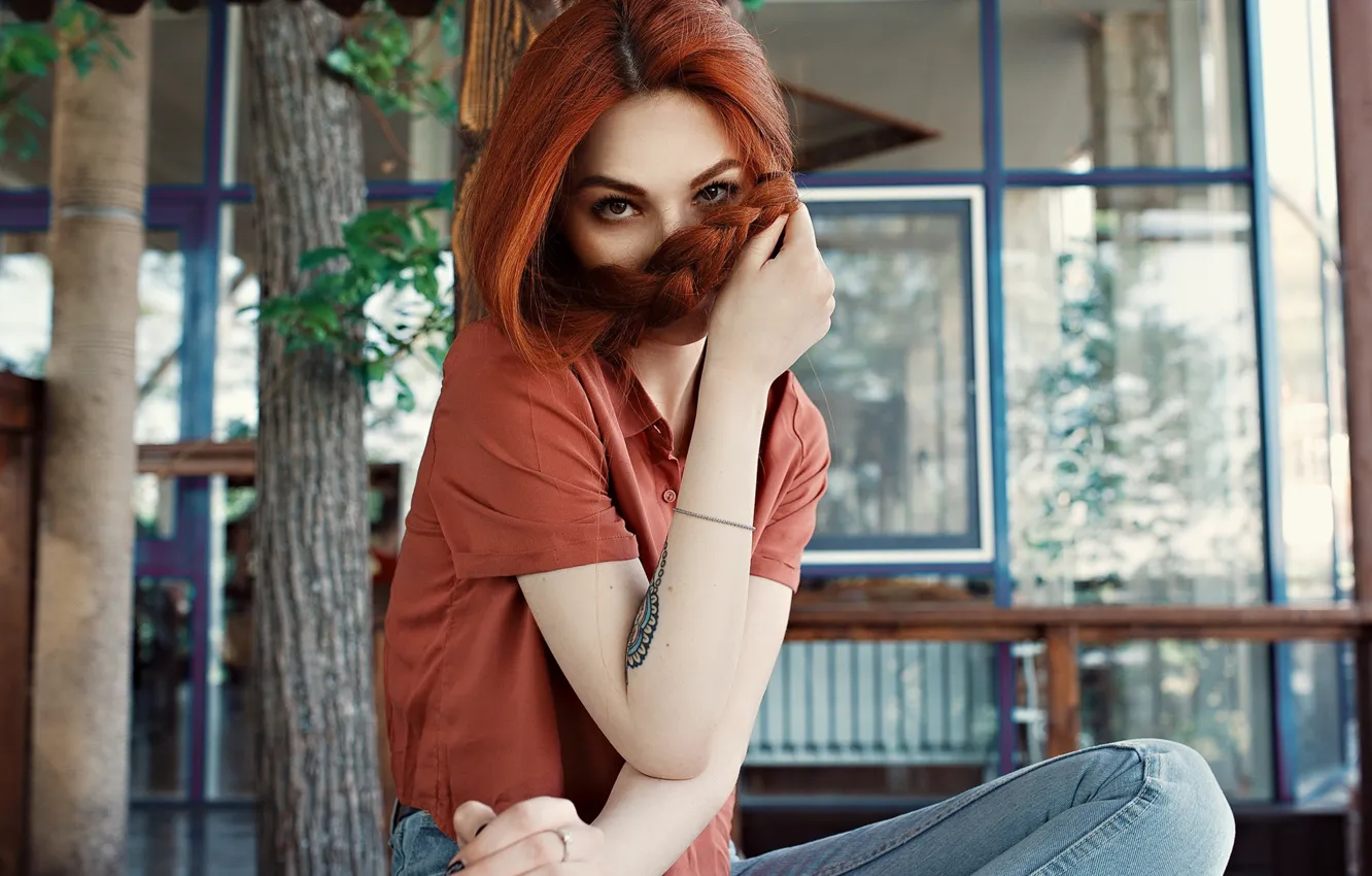 Photo wallpaper model, tattoo, women, jeans, redhead, t-shirt, braids, women indoors