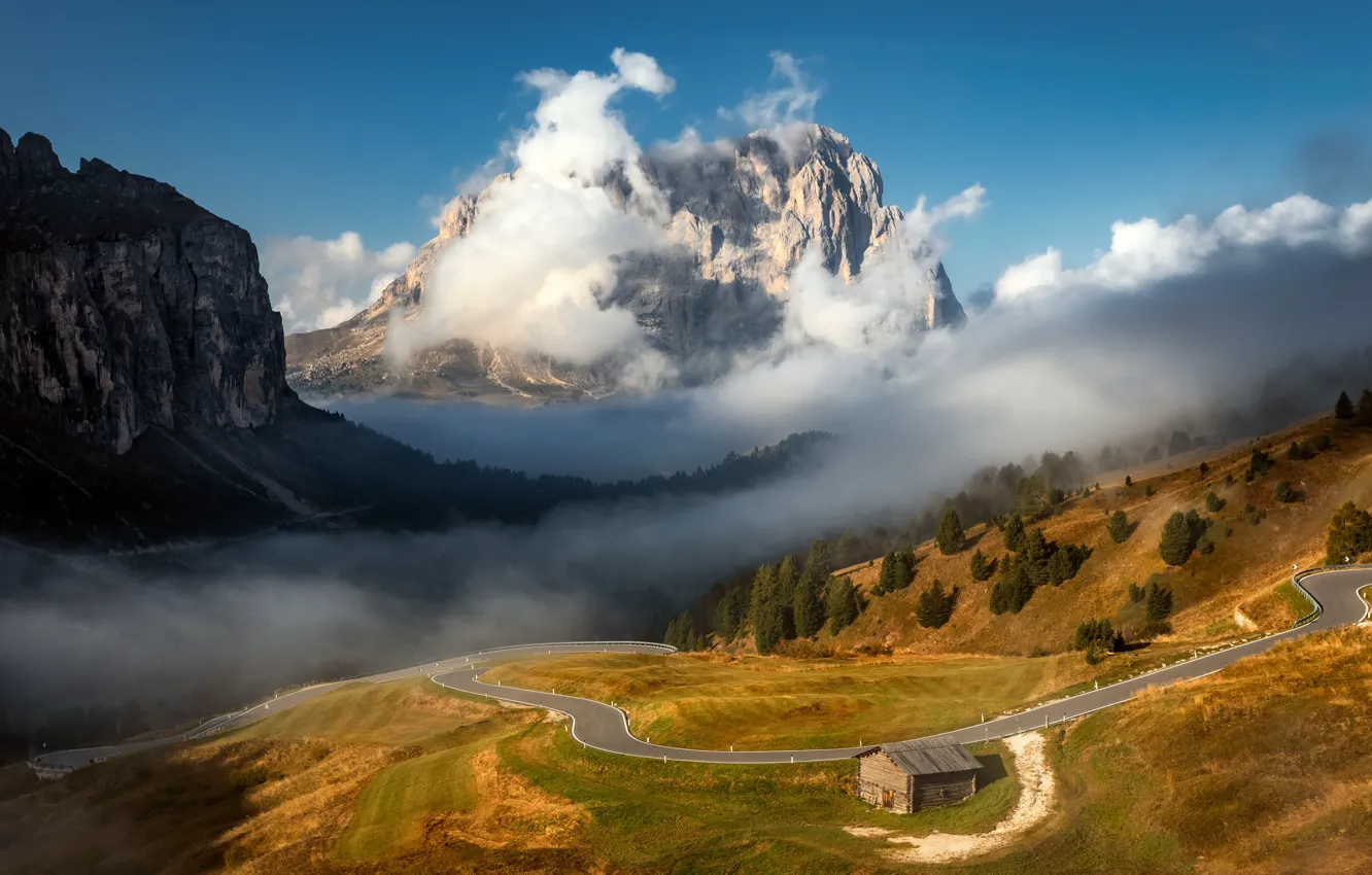 Photo wallpaper road, clouds, landscape, mountains, nature, house, Alps, Alexander the Silent