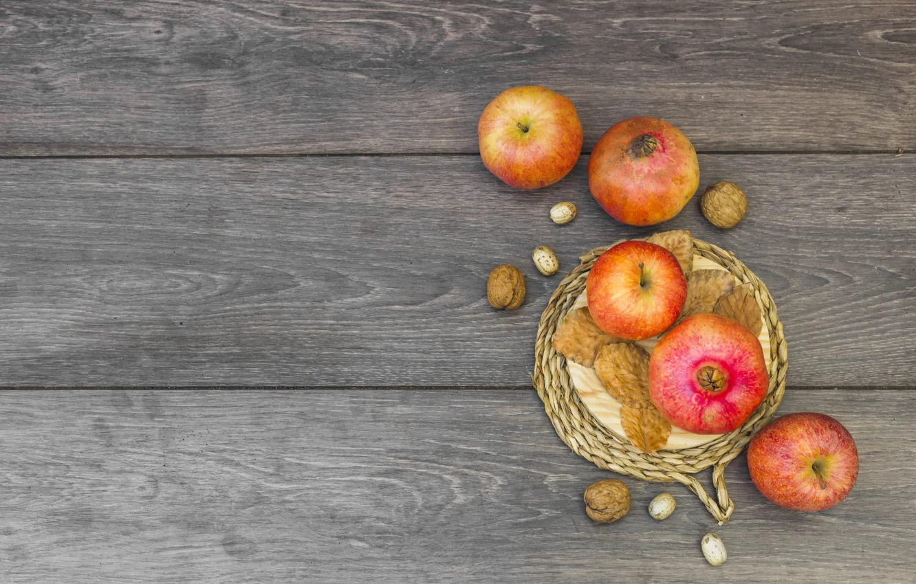 Photo wallpaper autumn, leaves, apples, fruit, wood, autumn, leaves, fruit