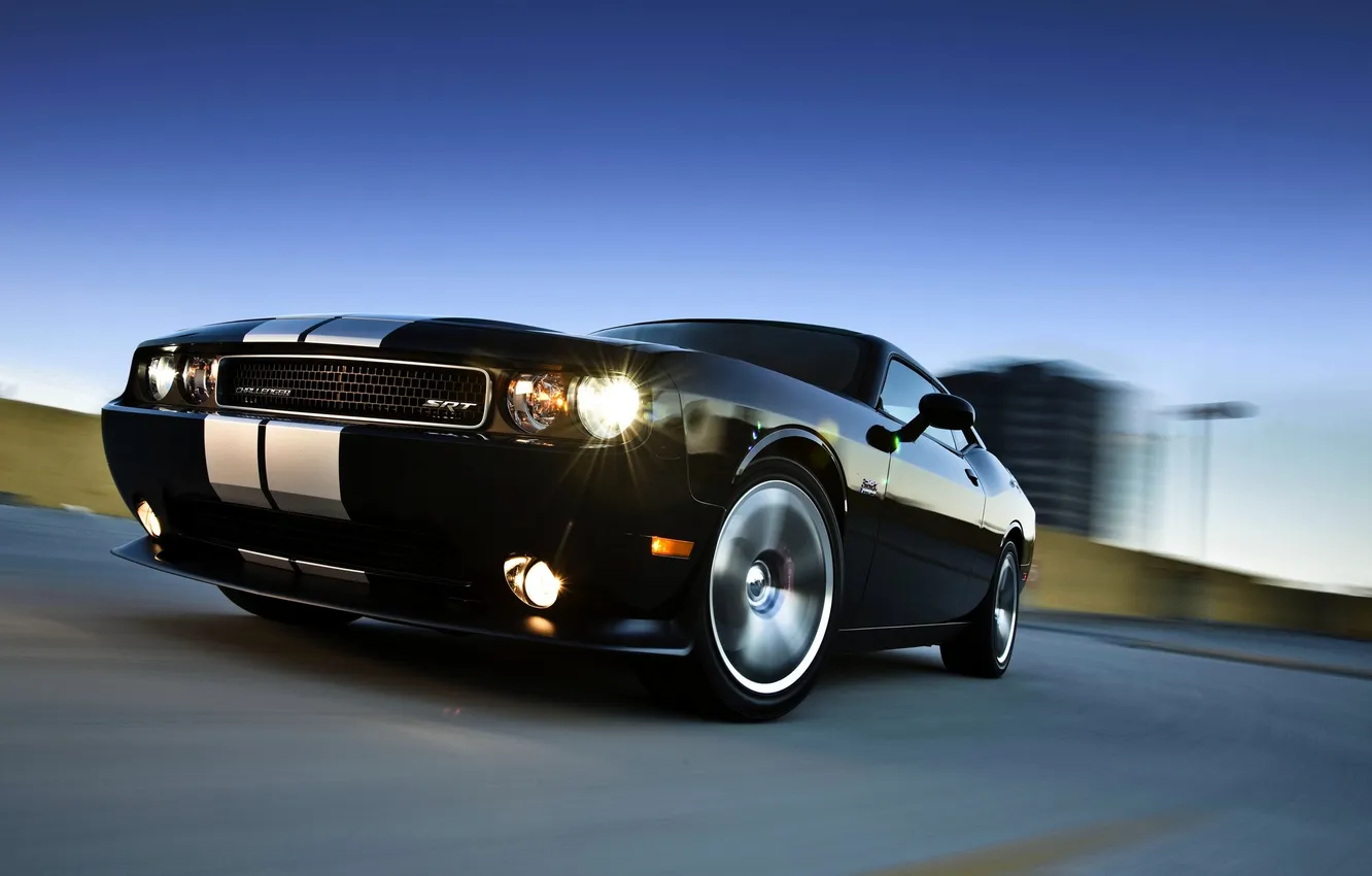 Photo wallpaper Black, Strip, Machine, Dodge, Challenger, Lights, The front, In Motion